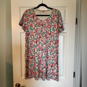 Lands' End Pink Floral Short-Sleeve Swing Dress XL
